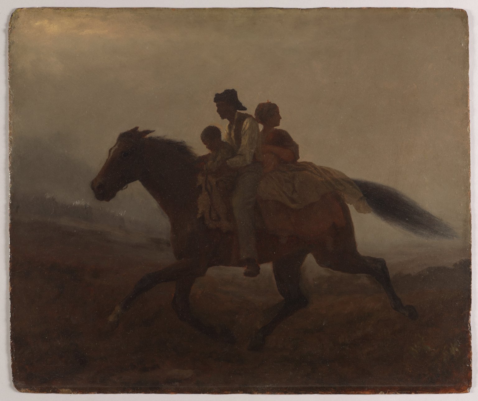 A Ride for Liberty - The Fugitive Slaves, by Eastman Johnson - three people sit atop a brown horse running toward the left of the image, tail streaming out behind. The woman on the back of the horse looks back behind them. The landscape is dusky and brown.