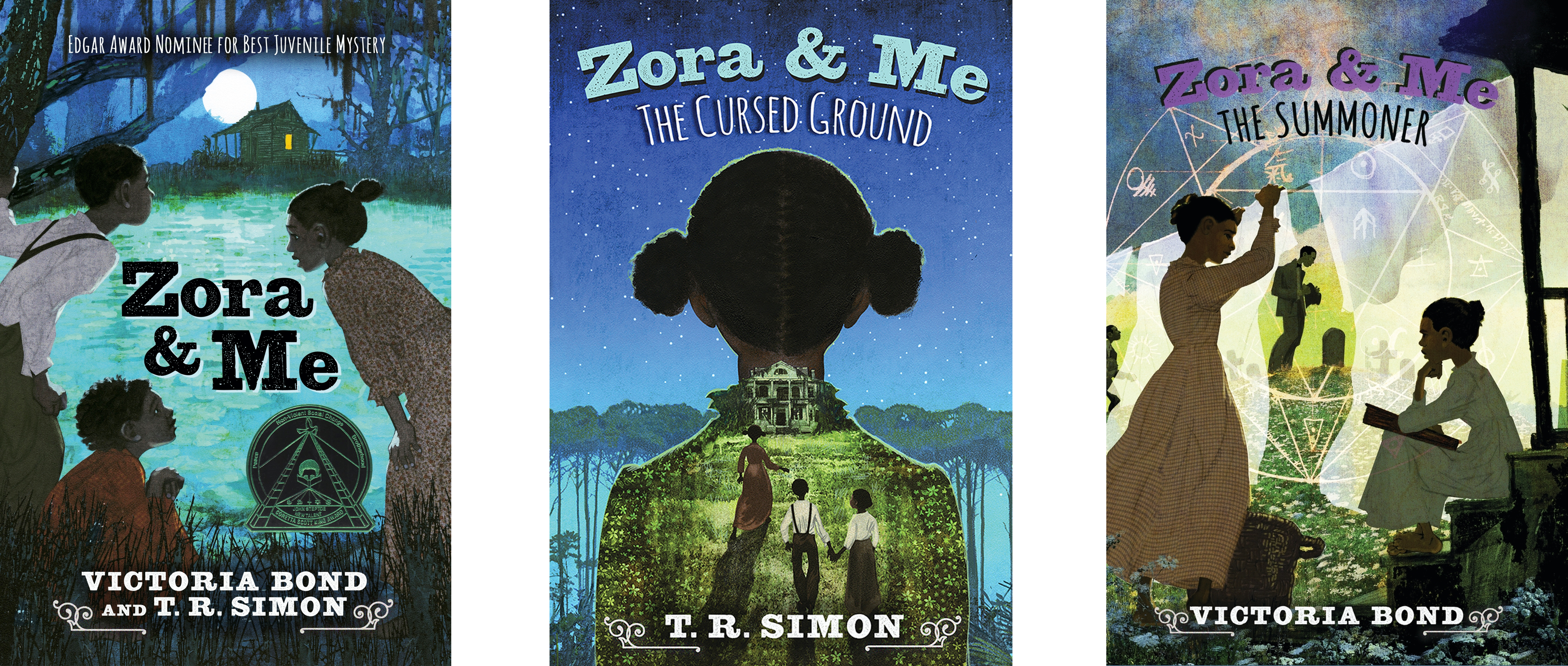 Covers of the three 'Zora and Me' young adult novels; from left to right: Zora & Me, Zora & Me: The Cursed Ground, and Zora & Me: The Summoner