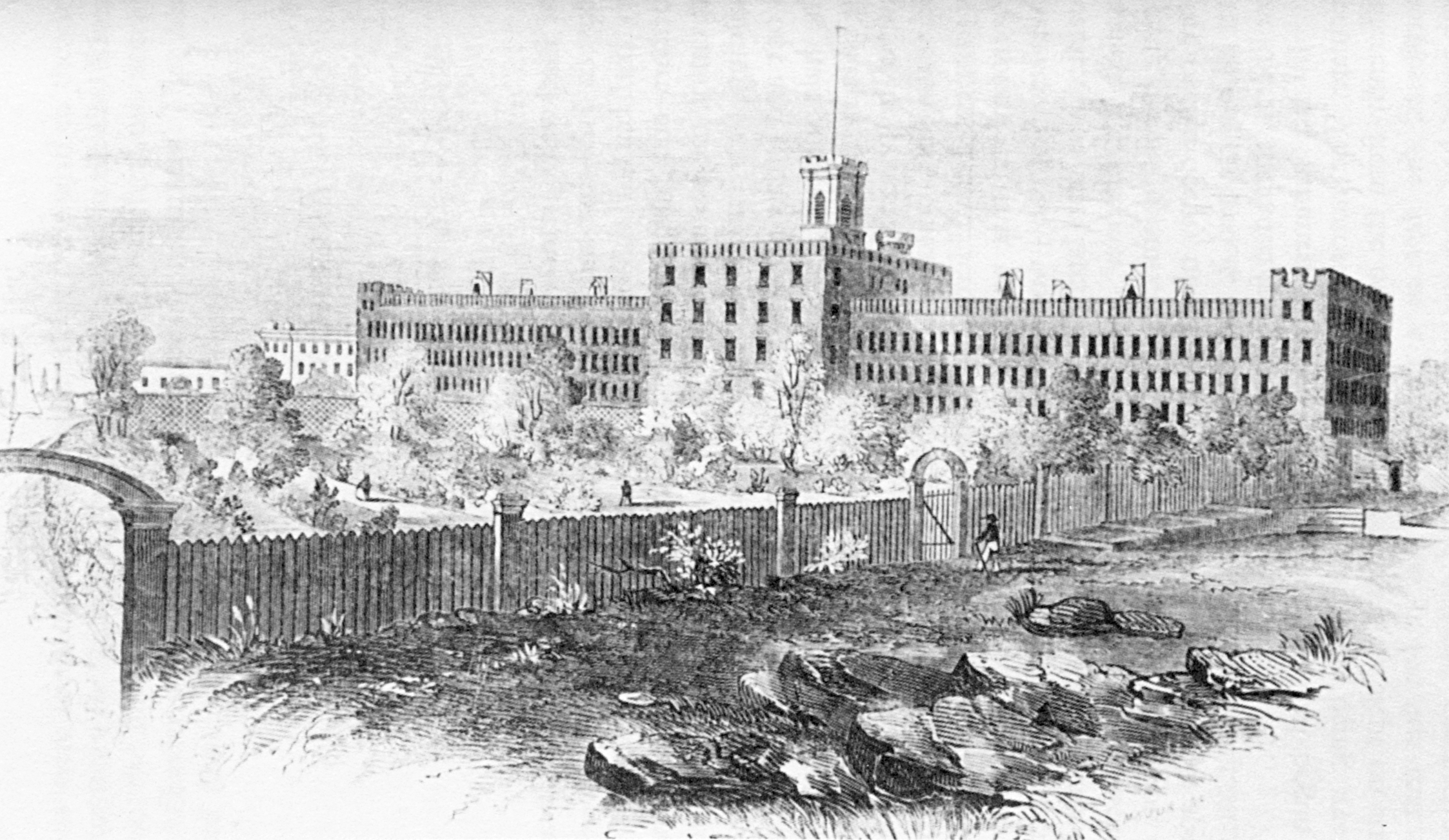 Black and white sketch of Blackwell's Island Prison